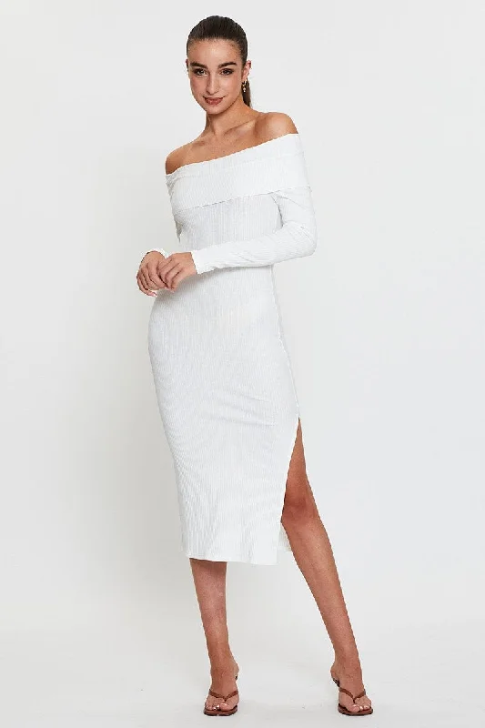 Lace - Embellished Women Dress for an Elegant and Sophisticated AppearanceWhite Midi Dress Off Shoulder Long Sleeve Lace - Embellished Women Dress for an Elegant and Sophisticated AppearanceWhite Midi Dress Off Shoulder Long Sleeve