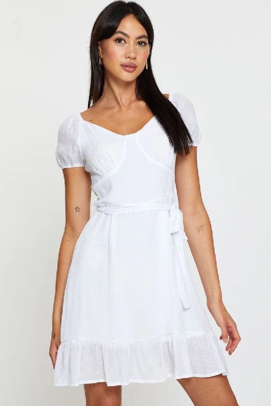 Ruffled Women Dress with Multiple Layers for a Playful and Girly StyleWhite Mini Dress Short Sleeve Ruffled Women Dress with Multiple Layers for a Playful and Girly StyleWhite Mini Dress Short Sleeve