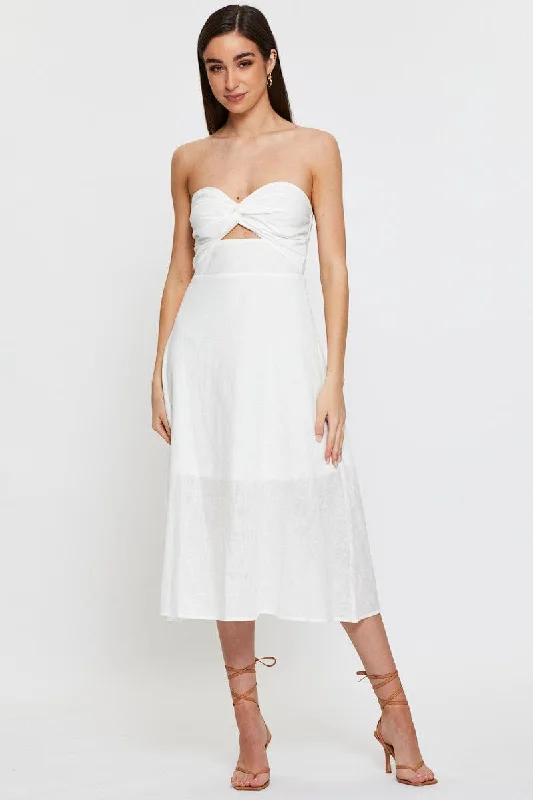 Empire Waist Women Dress to Accentuate the Bust and Conceal the WaistWhite Twist Front Bardot Midi Dress Empire Waist Women Dress to Accentuate the Bust and Conceal the WaistWhite Twist Front Bardot Midi Dress