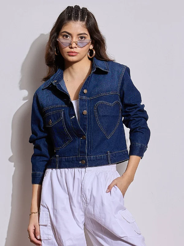 Women's bomber jackets with floral embroidery for a feminine and unique designWomen Blue Denim Heart Pockets Crop Jacket