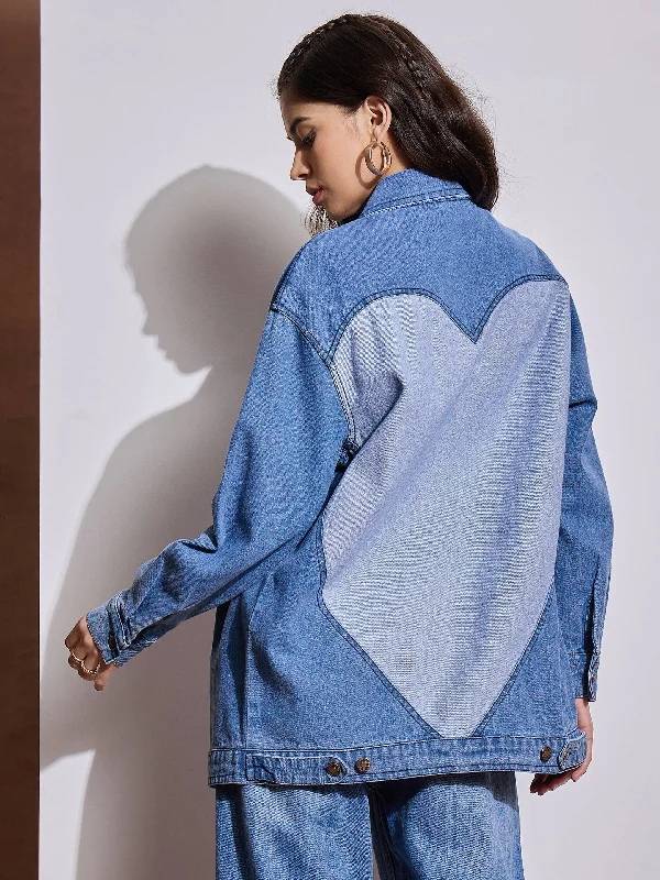 Women's denim jackets with a patchwork design for a bohemian and artsy styleWomen Blue Washed Denim Back Heart Patch Shacket Women's denim jackets with a patchwork design for a bohemian and artsy styleWomen Blue Washed Denim Back Heart Patch Shacket