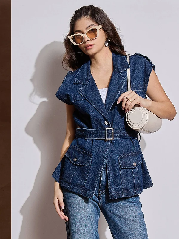 Women's windbreaker jackets with adjustable hoods for windy daysWomen Blue Washed Pocket Detail Sleeveless Belted Jacket Women's windbreaker jackets with adjustable hoods for windy daysWomen Blue Washed Pocket Detail Sleeveless Belted Jacket