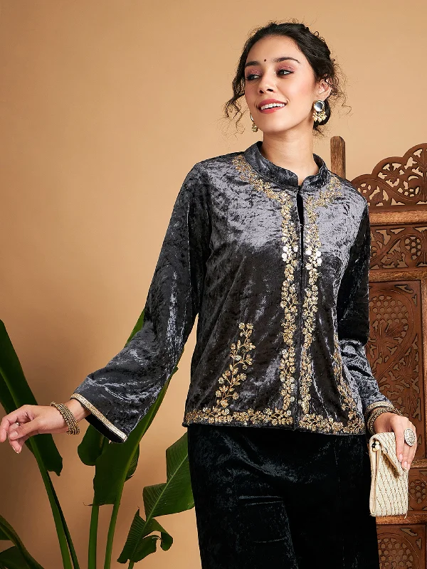 Women's faux fur - trimmed denim jackets for a trendy and cozy styleWomen Grey Velvet Embroidered Jacket