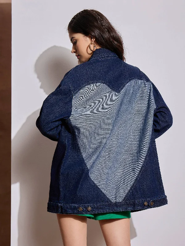 Women's long - line cardigan jackets in a soft knit for a cozy and elegant lookWomen Navy Blue Denim Back Heart Patch Shacket Women's long - line cardigan jackets in a soft knit for a cozy and elegant lookWomen Navy Blue Denim Back Heart Patch Shacket
