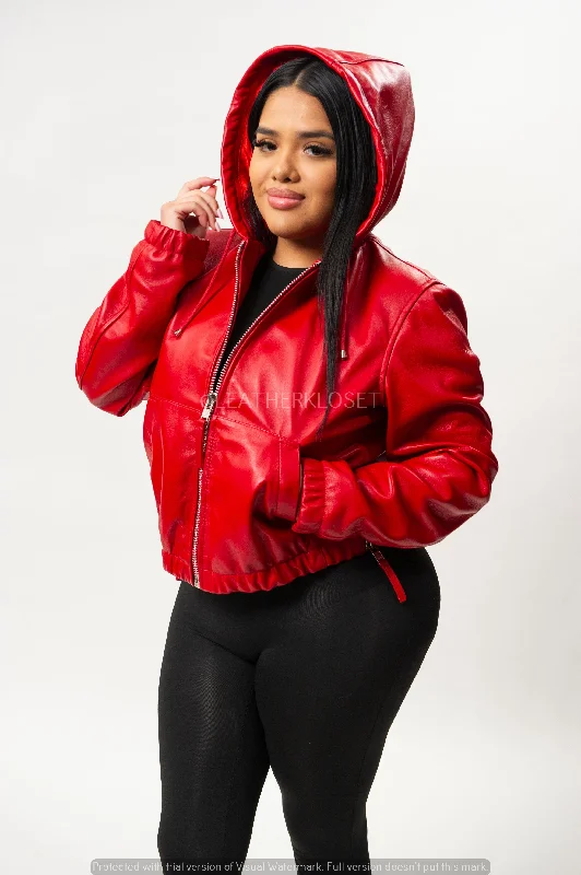 Women's long - length wool blend jackets for a warm and stylish winter lookWomen's Leather Hoodie [Red]