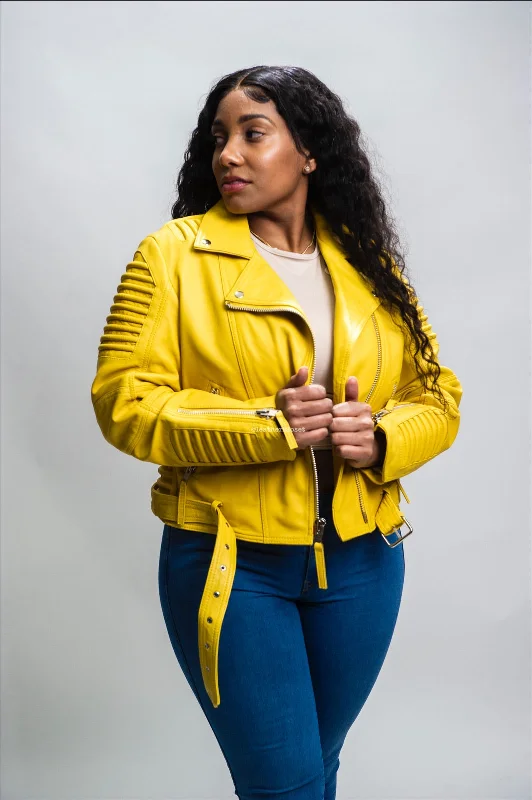 Women's cropped down jackets in bold colors for a sporty and fashionable winter outfitWomen's Trey Leather Biker [Yellow]