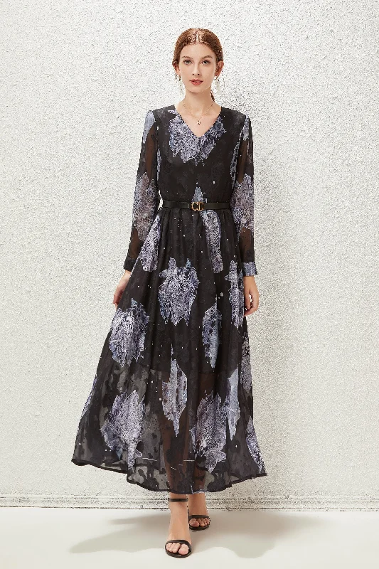 Printed Abstract Women Dress for a Modern and Artistic Appeal Printed Abstract Women Dress for a Modern and Artistic Appeal Black & Gray Cocktail A-line V-neck Long Sleeve Tea Floral Dress