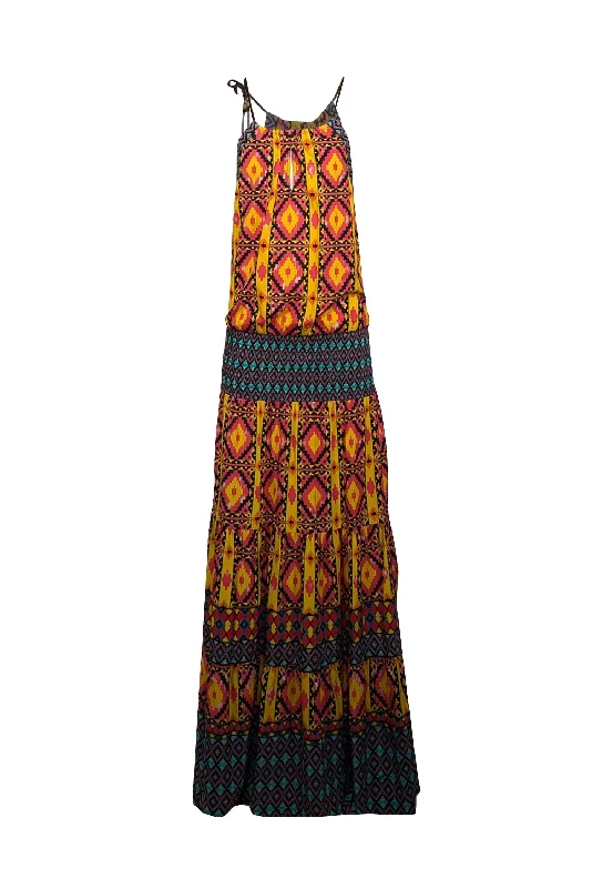 Maxi Women Dress with Floral Print for a Bohemian Vibe Maxi Women Dress with Floral Print for a Bohemian Vibe Hale Bob - Yellow, Pink, Teal, & Black Print Sleeveless Maxi Dress Sz M