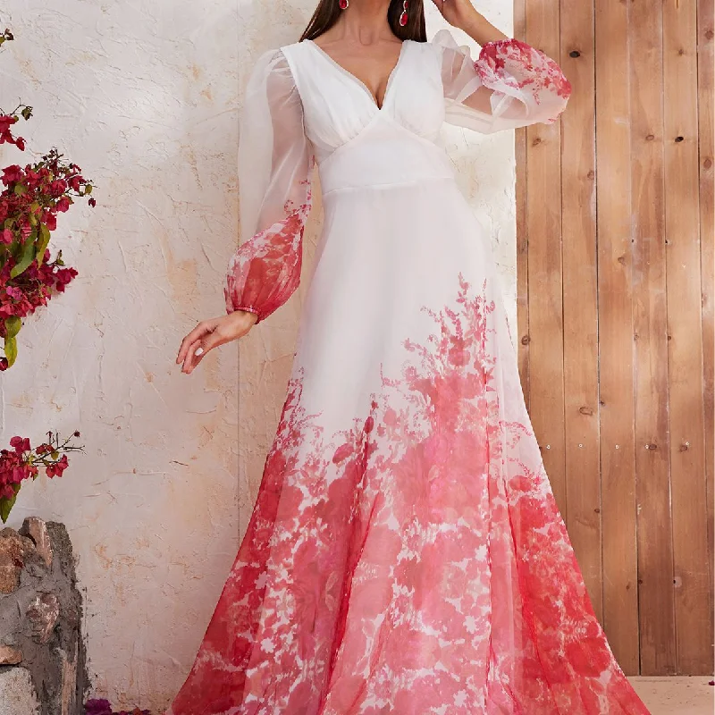 Off - the - Shoulder Women Dress for a Romantic and Feminine Look Off - the - Shoulder Women Dress for a Romantic and Feminine Look NiDELL New French Dress Chiffon Floral Bubble Sleeve V-neck Long Sleeve Long Dress High Sense-Ssl6132