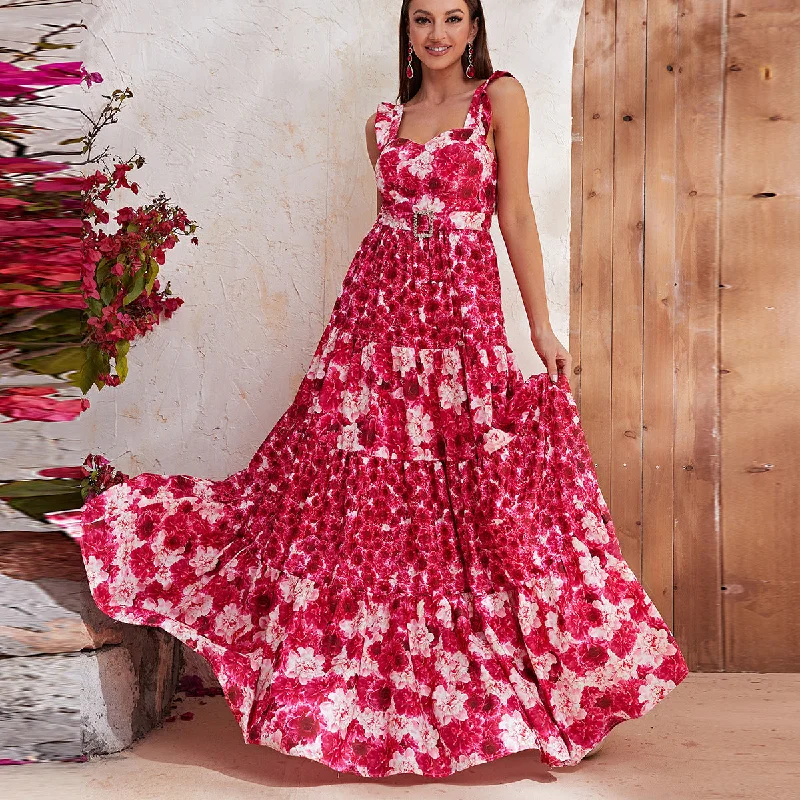 Maxi Women Dress with Floral Print for a Bohemian Vibe Maxi Women Dress with Floral Print for a Bohemian Vibe NiDELL New Products in Stock Floral Dress Chiffon Floral Strap Holiday Long Large Hem Dress-Mgn582