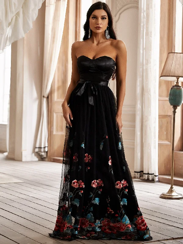 Maxi Women Dress with Floral Print for a Bohemian Vibe Maxi Women Dress with Floral Print for a Bohemian Vibe NiDELL New Products in Stock Tube Top Satin Stitching Embroidered Dress Embroidered Mesh Long Large Hem Dress-Ss032
