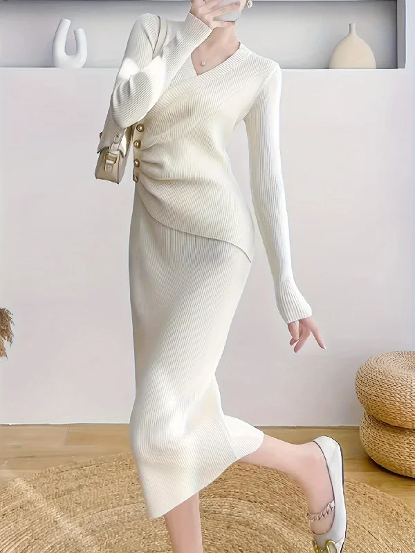 Sheath Women Dress with a Tailored Fit for a Professional Look Sheath Women Dress with a Tailored Fit for a Professional Look Sixsr Elegant Solid Button Detail Dress, Long Sleeve Dress For Banquet, Women's Clothing