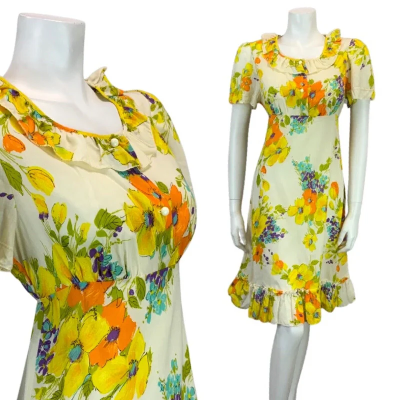 Strapless Women Dress with a Built - in Bra for Comfort and Support Strapless Women Dress with a Built - in Bra for Comfort and Support VINTAGE 60s 70s YELLOW ORANGE PURPLE BLUE FLORAL PRINT RUFFLE SUMMER DRESS 12 14