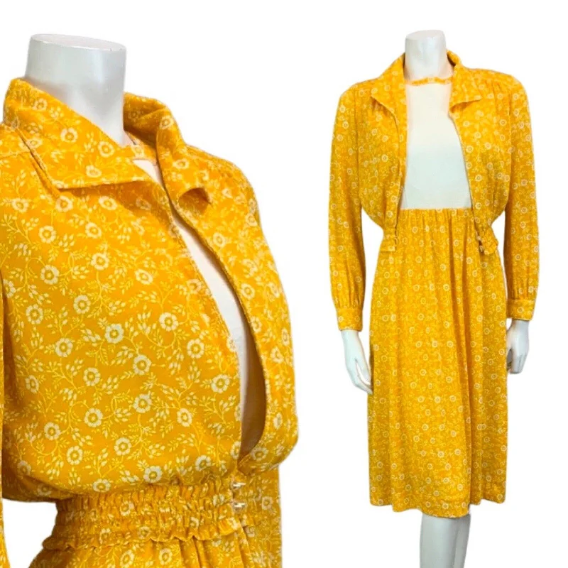 Mermaid - Style Women Dress with a Fitted Silhouette for Special Occasions Mermaid - Style Women Dress with a Fitted Silhouette for Special Occasions VTG MUSTARD YELLOW WHITE FLORAL PRINT TWO PIECE JACKET DRESS 60s 70s 10