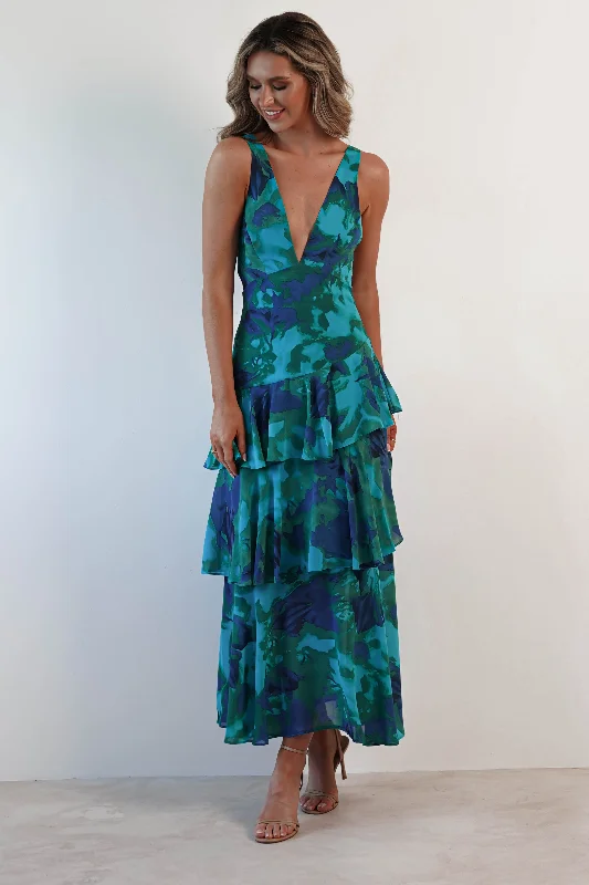 Denim maxi dresses with frayed hems for a casual lookAlba Floral Print Maxi Dress | Green Print