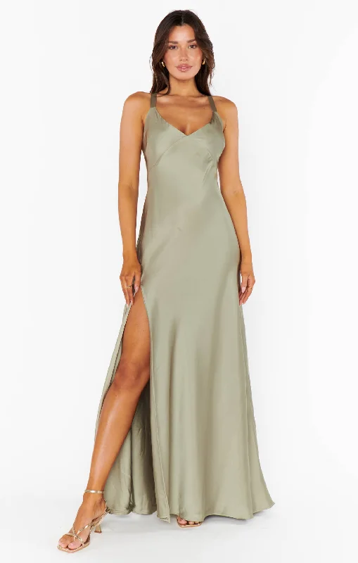 Maxi dresses with a V - neckline for a flattering and elongating shapeAnderson Maxi Dress ~ Moss Green Luxe Satin Maxi dresses with a V - neckline for a flattering and elongating shapeAnderson Maxi Dress ~ Moss Green Luxe Satin
