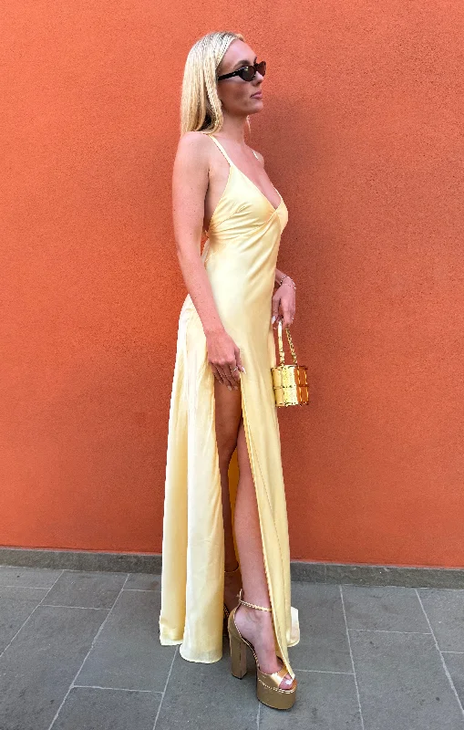Sheer maxi dresses with lace overlays for a romantic touchAnderson Maxi Dress ~ Pale Yellow Luxe Satin Sheer maxi dresses with lace overlays for a romantic touchAnderson Maxi Dress ~ Pale Yellow Luxe Satin