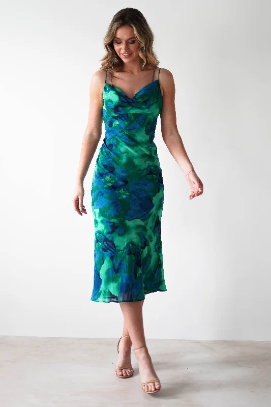 Satin maxi dresses with a high - low hem for a modern twistBali Printed Midi Dress | Green Print Satin maxi dresses with a high - low hem for a modern twistBali Printed Midi Dress | Green Print