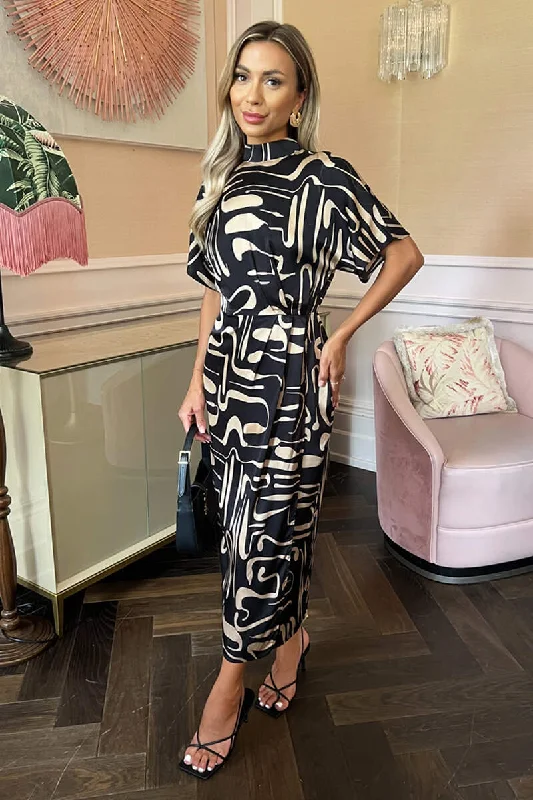 Cotton maxi dresses for a comfortable and everyday - wear optionBlack Geometric Pattern High Neck Wrap Skirt Midi Dress Cotton maxi dresses for a comfortable and everyday - wear optionBlack Geometric Pattern High Neck Wrap Skirt Midi Dress