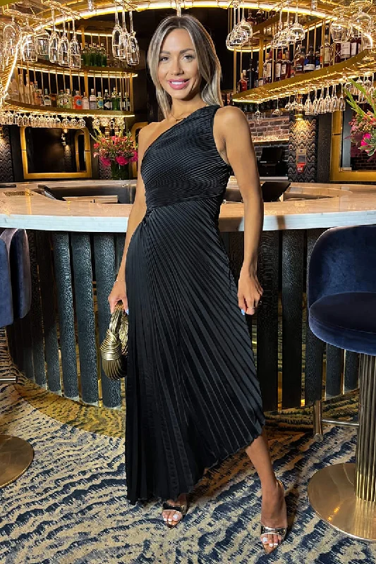 Maxi dresses with mesh panels for a sexy and trendy appearanceBlack One Shoulder Pleated Satin Midi Dress Maxi dresses with mesh panels for a sexy and trendy appearanceBlack One Shoulder Pleated Satin Midi Dress