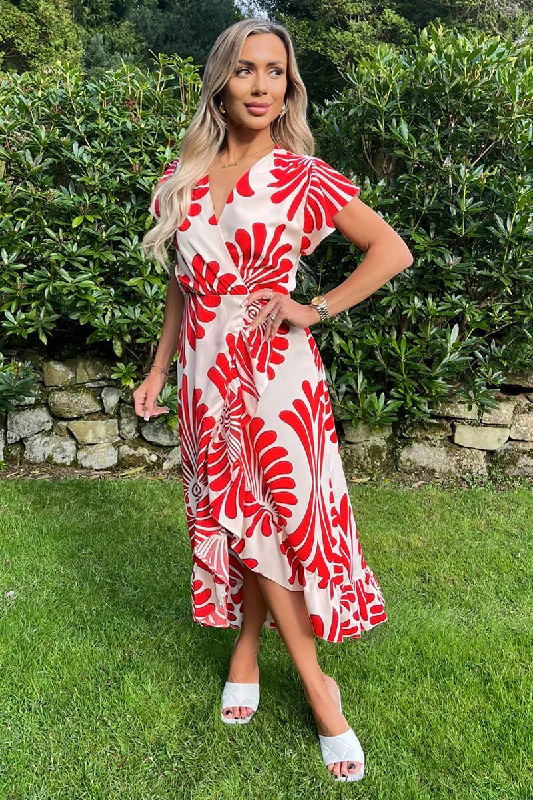 Maxi dresses with cold - shoulder cutouts for a trendy lookBurnt Orange Abstract Print Wrap Over High Low Frill Hem Midi Dress
