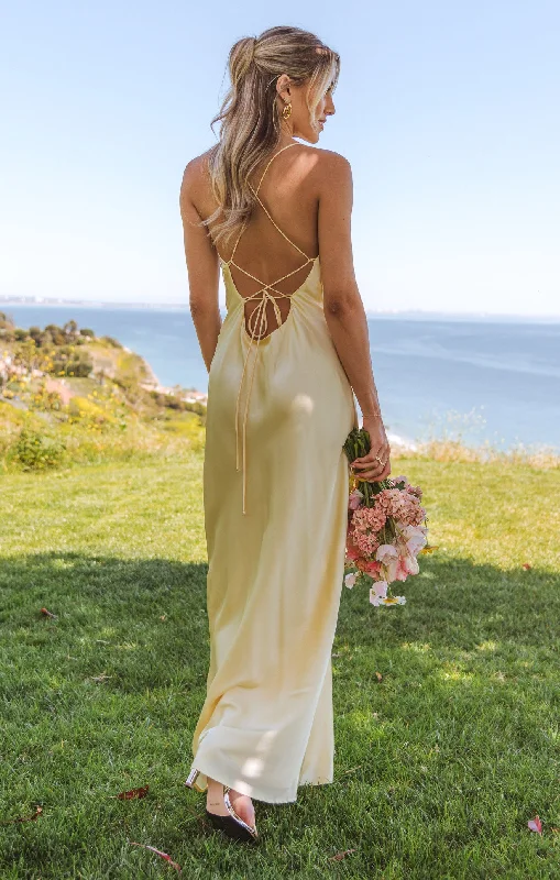 Maxi dresses with a pleated skirt for a timeless and elegant appearanceDani Slip Dress ~ Pale Yellow Luxe Satin