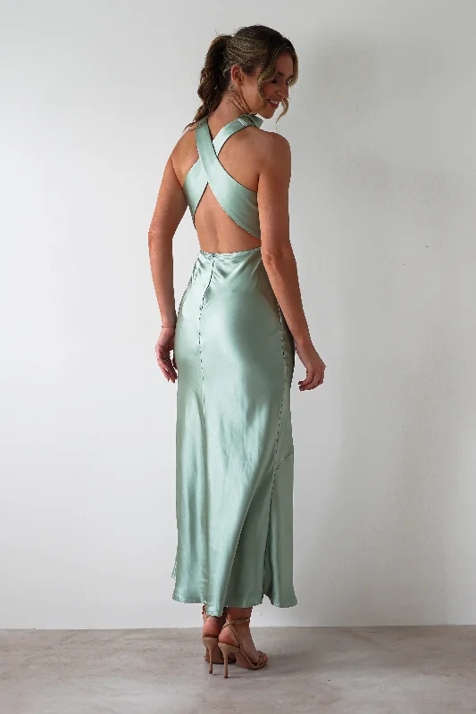 Leather maxi dresses for an edgy and bold appearanceStefanie Soft Satin Maxi Dress | Sage Green Leather maxi dresses for an edgy and bold appearanceStefanie Soft Satin Maxi Dress | Sage Green