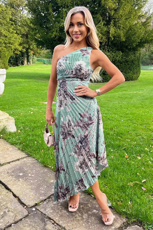 Ruffled maxi dresses with a tiered skirt for added volumeDuck Egg Printed One Shoulder Pleated Midi Dress
