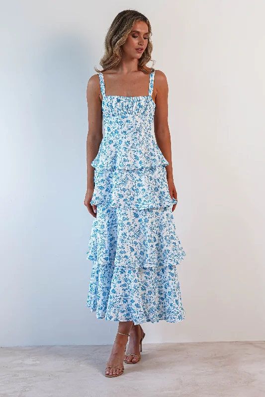 Maxi dresses with polka dot prints for a playful styleEmily Floral Ruffle Maxi Dress | Blue/White