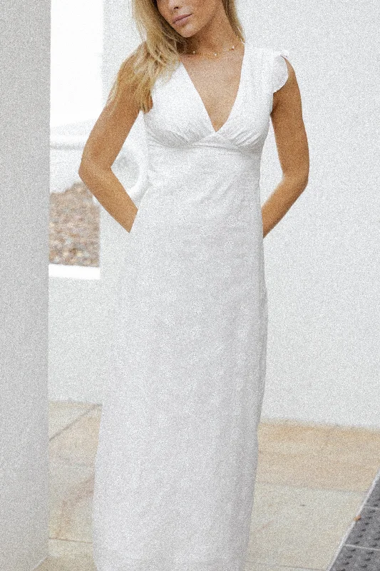 Maxi dresses with fringe trim for a bohemian vibeEnsley Flutter Sleeve Maxi Dress - White Maxi dresses with fringe trim for a bohemian vibeEnsley Flutter Sleeve Maxi Dress - White