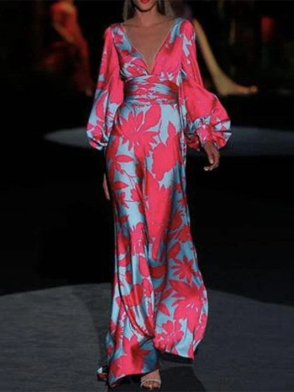 Maxi dresses with embroidered floral motifs for a unique designDeep V Neck Lantern Sleeve Dress