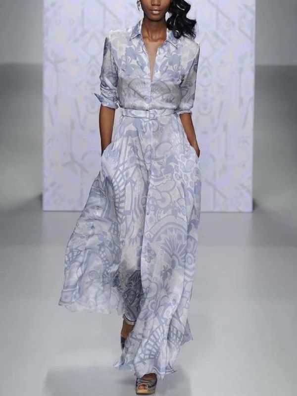 Maxi dresses with pocket details for added functionalityLong-sleeved Print Slim Maix Shirt Dress