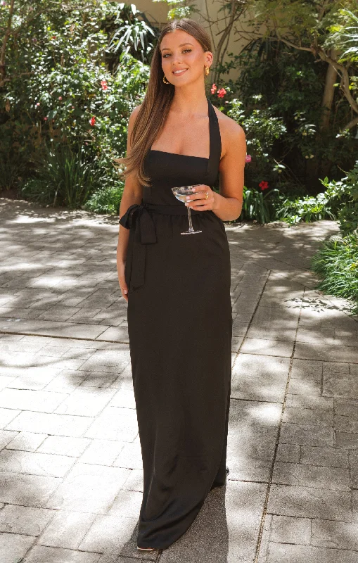 Maxi dresses with a halter neck for a stylish and sophisticated choiceHazel Halter Maxi Dress ~ Black Luxe Satin Maxi dresses with a halter neck for a stylish and sophisticated choiceHazel Halter Maxi Dress ~ Black Luxe Satin