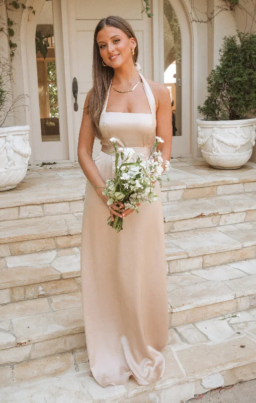 Maxi dresses with fringe trim for a bohemian vibeHazel Halter Maxi Dress ~ Champagne Luxe Satin Maxi dresses with fringe trim for a bohemian vibeHazel Halter Maxi Dress ~ Champagne Luxe Satin