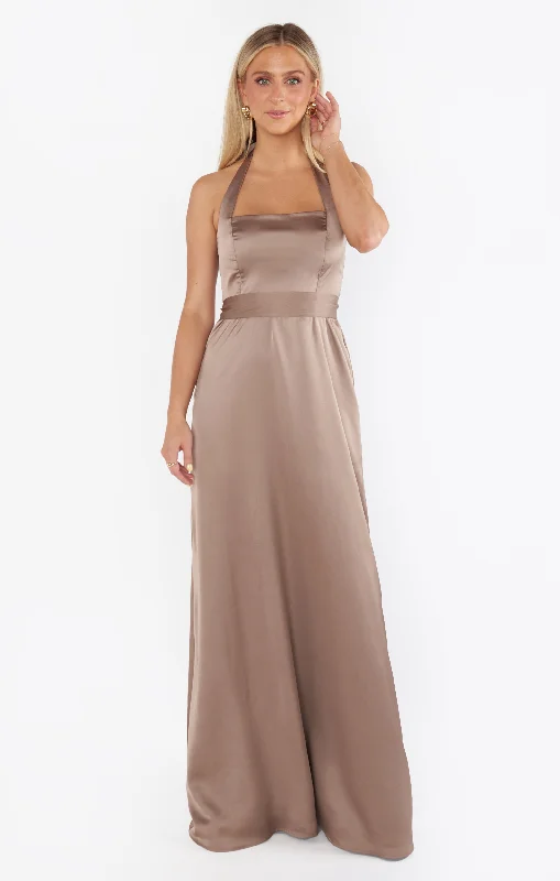 Maxi dresses with thin spaghetti straps for a delicate and feminine feelHazel Halter Maxi Dress ~ Dune Luxe Satin Maxi dresses with thin spaghetti straps for a delicate and feminine feelHazel Halter Maxi Dress ~ Dune Luxe Satin