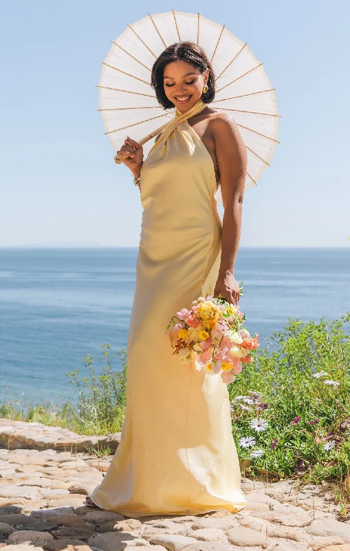 Maxi dresses with a button - down front for a classic lookJasmine Halter Maxi Dress ~ Pale Yellow Luxe Satin Maxi dresses with a button - down front for a classic lookJasmine Halter Maxi Dress ~ Pale Yellow Luxe Satin