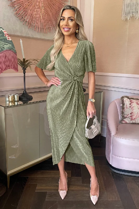 Maxi dresses with a criss - cross back for a flirty and unique detailLight Khaki Short Sleeve Plisse Wrap Midi Dress Maxi dresses with a criss - cross back for a flirty and unique detailLight Khaki Short Sleeve Plisse Wrap Midi Dress