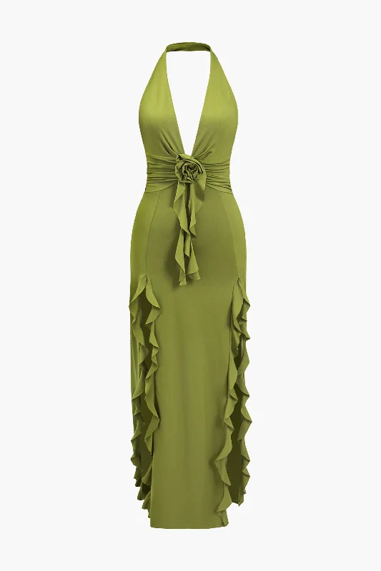 Maxi dresses with beaded embellishments for a fancy and luxurious eventSolid 3D Flower Ruffel Backless Maxi Dress Maxi dresses with beaded embellishments for a fancy and luxurious eventSolid 3D Flower Ruffel Backless Maxi Dress