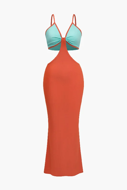 Maxi dresses with a gathered skirt for a voluminous and dramatic effectContrast Color Block Cut Out Maxi Dress Maxi dresses with a gathered skirt for a voluminous and dramatic effectContrast Color Block Cut Out Maxi Dress