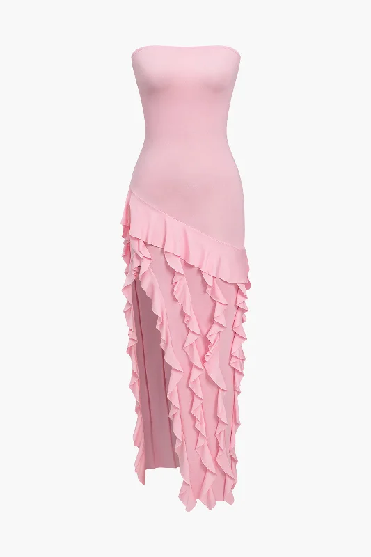 Maxi dresses with a belted empire waist for a more defined and flattering silhouetteSolid Strapless Slit Ruffle Maxi Dress Maxi dresses with a belted empire waist for a more defined and flattering silhouetteSolid Strapless Slit Ruffle Maxi Dress