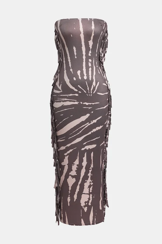 Sequined maxi dresses for formal evening galasAbstract Print Fringe Strapless Maxi Dress Sequined maxi dresses for formal evening galasAbstract Print Fringe Strapless Maxi Dress