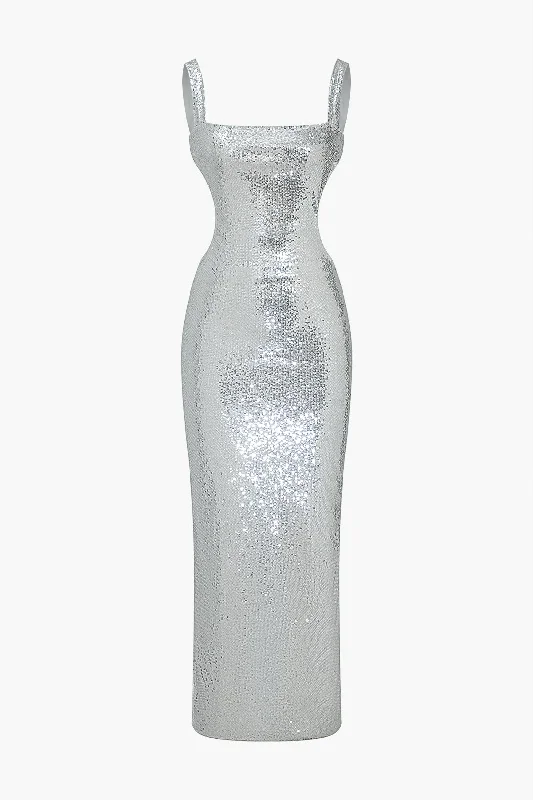 Maxi dresses with a ruffled neckline for a charming lookSolid Sequin Backless Slit Maxi Dress Maxi dresses with a ruffled neckline for a charming lookSolid Sequin Backless Slit Maxi Dress
