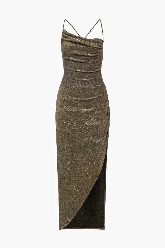 Velvet maxi dresses with long sleeves for winter weddingsBackless Tie Back Draped Cowl Neck Maxi Dress