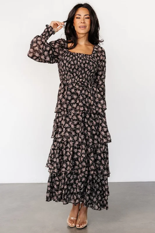 Maxi dresses with a criss - cross back for a flirty and unique detailMiranda Tiered Maxi Dress | Black Floral Maxi dresses with a criss - cross back for a flirty and unique detailMiranda Tiered Maxi Dress | Black Floral