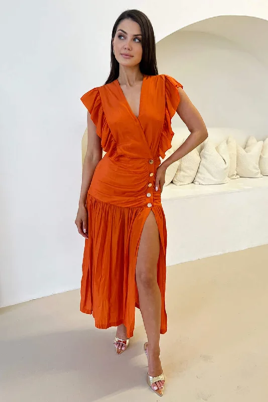 Maxi dresses with a button - down front for a classic lookOrange Frill Shoulder Button Front Midi Dress