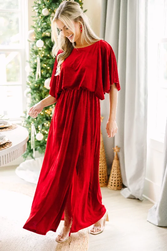 Maxi dresses with beaded embellishments for a fancy and luxurious eventOut On The Dance Floor Red Velvet Maxi Dress