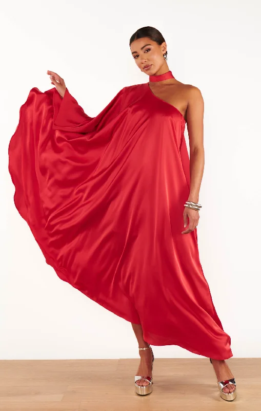 Maxi dresses with an empire waist for a flattering fit on all body typesRhea One Shoulder Dress ~ Red Luxe Satin