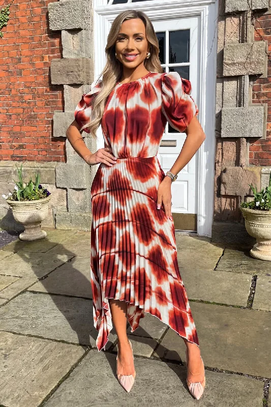 Linen maxi dresses for a breathable and lightweight summer optionRust Printed Puff Sleeve Zig Zag Hem Pleated Midi Dress Linen maxi dresses for a breathable and lightweight summer optionRust Printed Puff Sleeve Zig Zag Hem Pleated Midi Dress