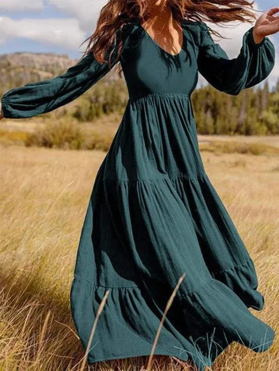 Maxi dresses with one - shoulder designs for a stylish and asymmetric lookTemperament V-Neck Long Sleeve Flowy Dress