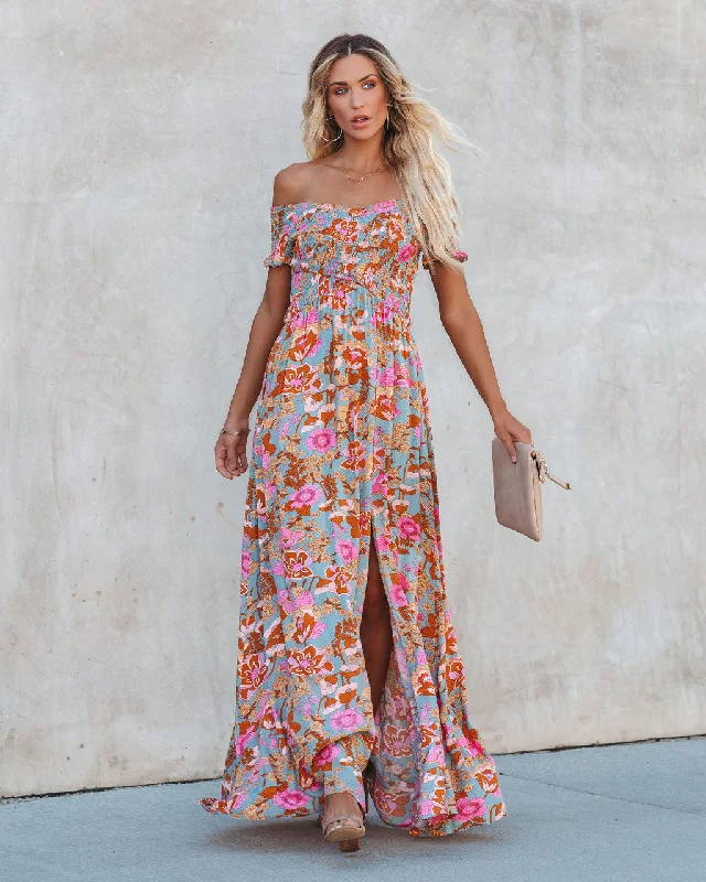 Maxi dresses with one - shoulder designs for a stylish and asymmetric lookVesna Floral Smocked Off The Shoulder Maxi Dress Maxi dresses with one - shoulder designs for a stylish and asymmetric lookVesna Floral Smocked Off The Shoulder Maxi Dress